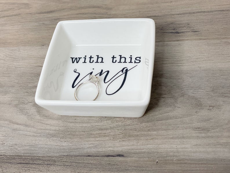 With this ring trinket dish- gift for bride- engagement gift idea- bride ring dish- ring holder for newlyweds - wedding day gift for the bri