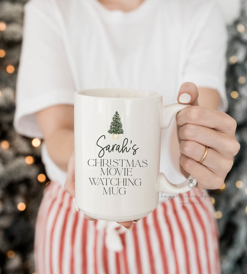 Personalized Christmas movie watching mug - Christmas tree mug- custom holiday mug- christmas movies mug- gift for best friend - name mug