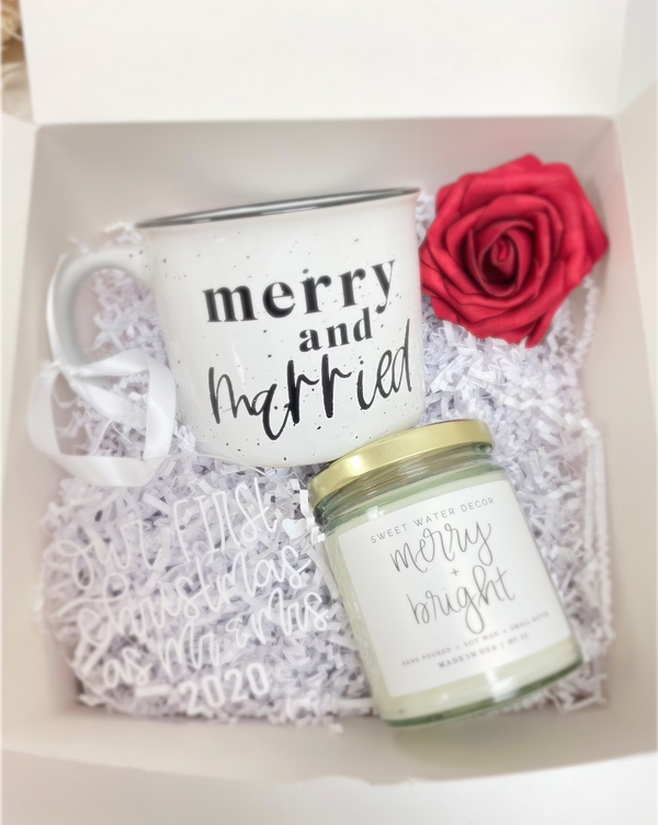 Merry and married gift set our first Christmas as mr and Mrs ornament and merry and bright candle couples christmas gift box just married