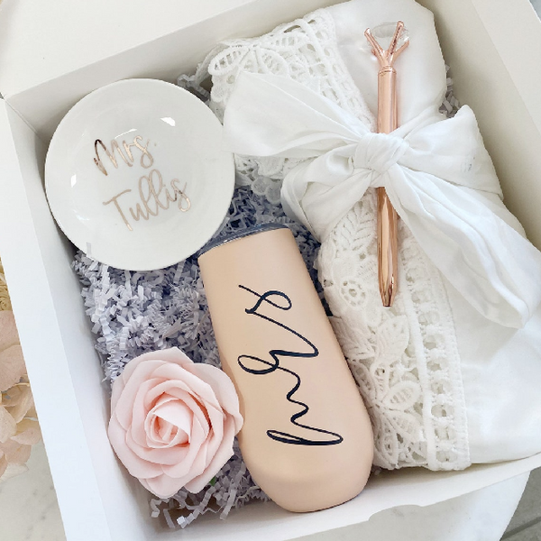 Bride gift box set- engagement gift idea- bride white satin robe tumbler - gift for future Mrs box- wedding day basket bridal just engaged