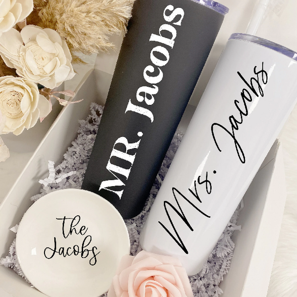 The bride the groom Couples wine tumbler gift set- mr and mrs engagement gift box set- his and hers wifey and hubby wedding day gift idea