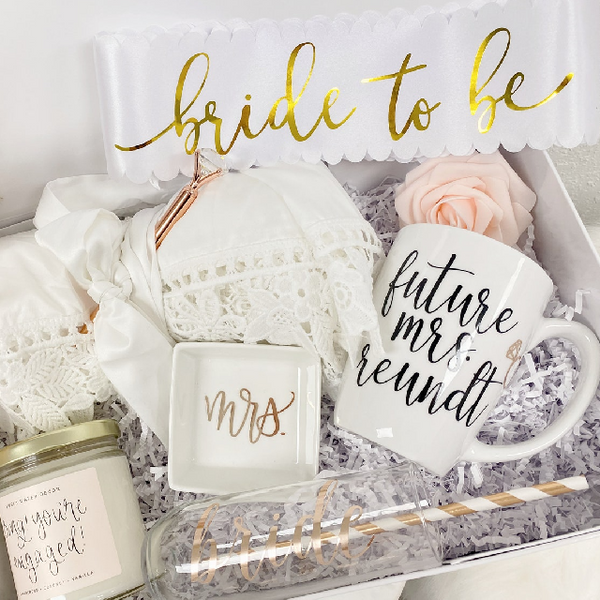 Future mrs mug- personalized bride gift box set - bride engagement gift box- bride to be satin robe - future mrs ring dish - bride sash- flu