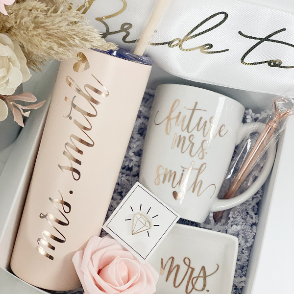 Future mrs gift box- bride gifts- bridal shower gifts- personalized wifey gift- wedding ring finger mug- bride gift box engagement box idea