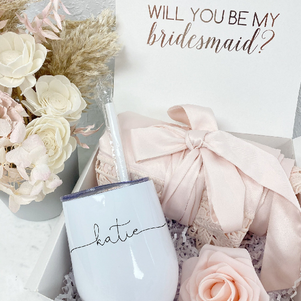 Bridesmaid proposal gift box- personalized bridesmaid wine tumbler- bridesmaid satin lace robe - bridal party robes - will you be my maid of