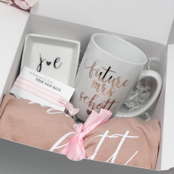 Future mrs engagement gift box set- gift set for bride- future mrs bride mug- pink bride shirt- bride to be box gift set- ring dish and mug