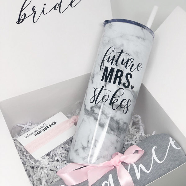 Future mrs stainless steel skinny tumbler gift box set for bride to be- engagement gift box set idea- fiance tank top shirt marble tumbler