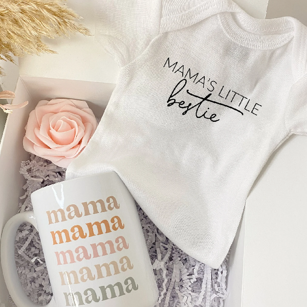 Retro mama mug Mommy- new mom baby bodysuit gift box for parents to be- baby shower idea- baby announcement pregnancy mamas little bestie