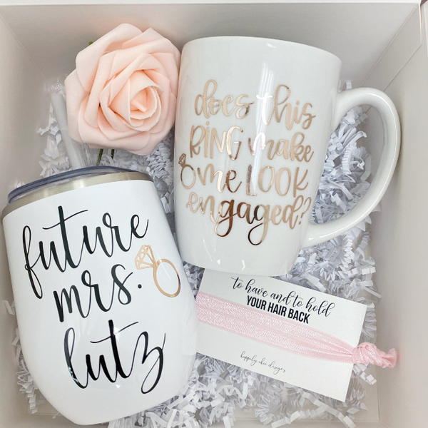 Does this ring make me look engaged bride gift box set- personalized future Mrs wine tumbler - engagement mug- engaged af gift for bride to