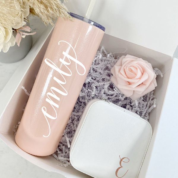 Bridesmaid proposal gift box set- bridesmaid stainless steel tumbler with straw- maid of honor proposal- personalized travel jewelry case