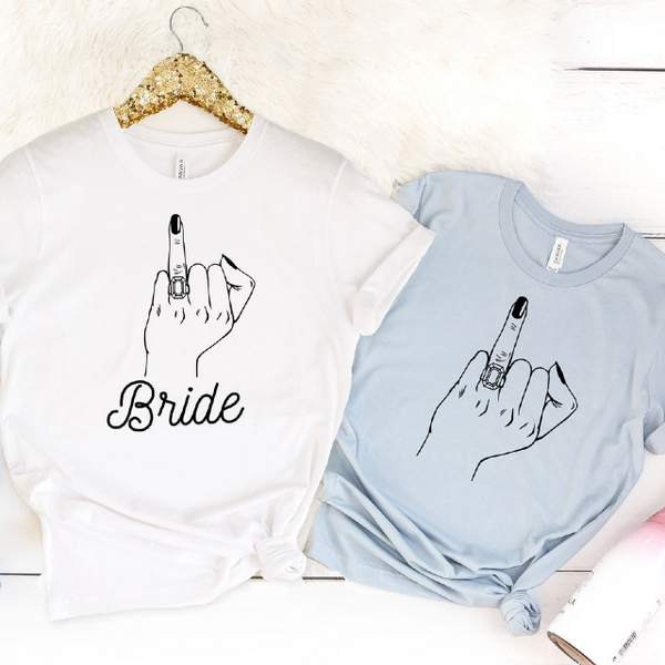 Bachelorette party shirts- wedding ring finger shirts- bride shirts- brides babes- honeymoon shirt future mrs brides flock bridesmaids funny