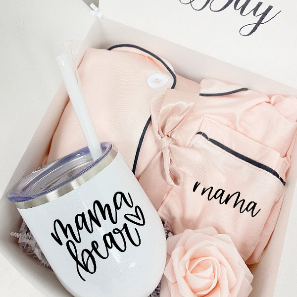 Mama bear wine tumbler PJ Mommy pajama gift box set- new mom mothers day gift idea- baby shower gift idea- baby pregnancy gift for mom to be