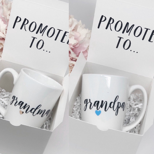 Promoted to grandma grandpa mug set-best moms get promoted to- reveal party gifts- grandparents pregnancy reveal- baby announcement ideas