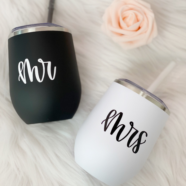 Mr and Mrs stainless steel wine tumblers- honeymoon tumblers- personalized wifey hubby tumblers- bride and groom gifts- future Mrs lucky mr