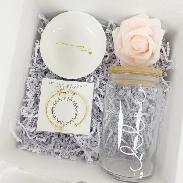 Bridesmaid proposal gift box set- bridesmaid glass can ice coffee cup- maid of honor proposal- personalized bridesmaid bracelet tying knot