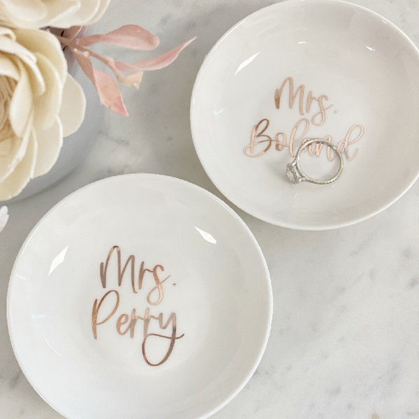 Personalized Mrs ring dish- bride trinket dish tray jewelry holder- miss to Mrs I said yes- engagement gift for bride to be gift box idea