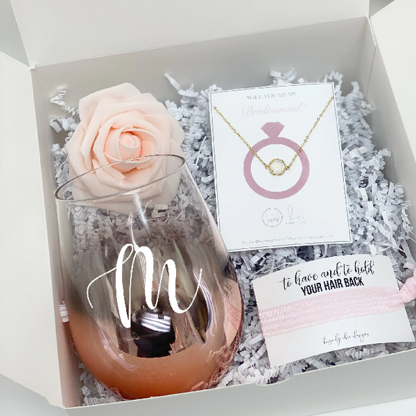 Personalized bridesmaid wine glasses- OMBRE rose gold wine glass- bridesmaid proposal box- gifts for bridal party wine stemless wine tumbler