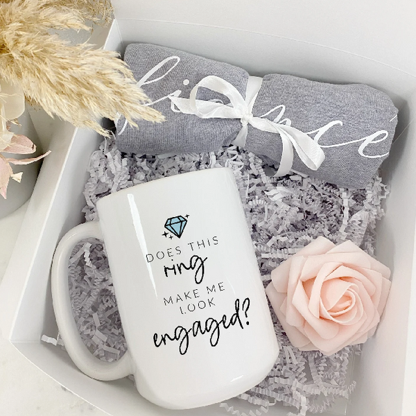 Does this ring make me look engaged Future mrs mug fiancee gift box set for bride to be- engagement gift box set idea- personalized bridal