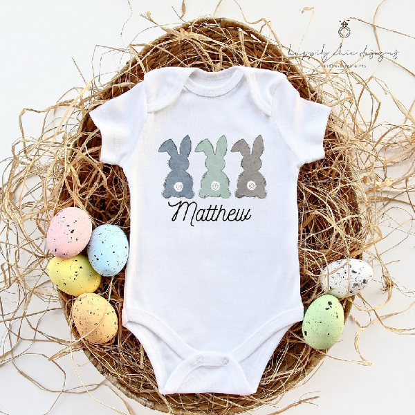 Personalized name Easter T-shirt- hoppy first Easter baby boy bunny shirt- children easter tee- matching family easter shirts three bunnies