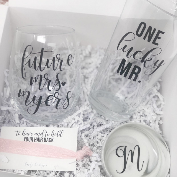Future mrs one lucky mr wine glass beer glass gift box set- engagement gift box for couple- mr and mrs gift set- bride and groom gift box