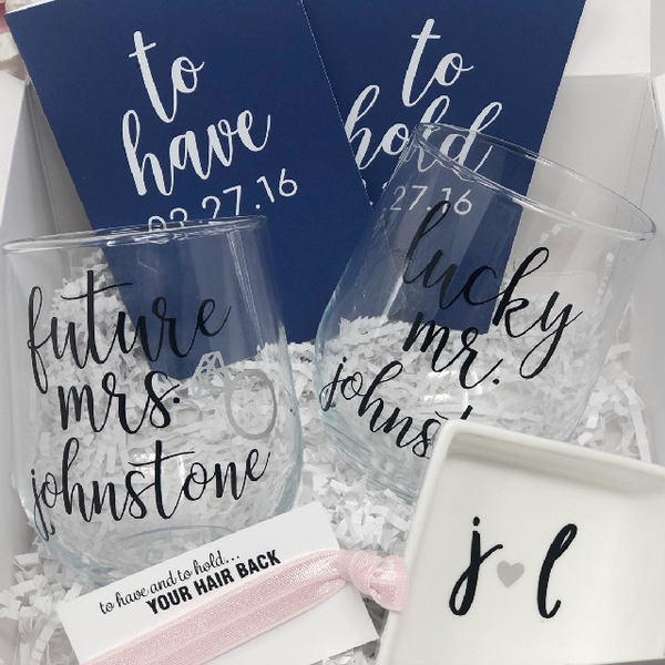 Future mrs lucky mr wine glass gift box set- gifts for engaged couples- wedding vow books- couples ring dish- bride and groom gift box set
