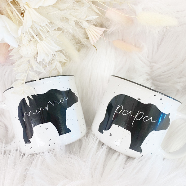 Mama bear campfire mug- speckled polka dot mug- gift for new mom- baby shower baby pregnancy reveal idea- new mama push present- mommy mugs