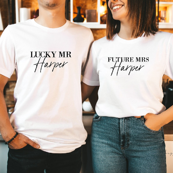 Future mrs lucky mr T-shirt- engagement gift for couple- mr and mrs honeymoon shirts- gift for the couple bride to be groom matching shirts