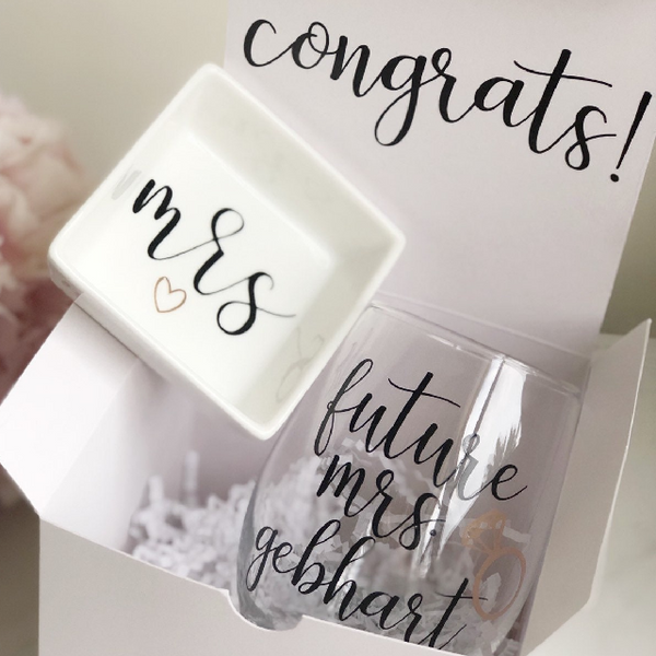 Engagement gift box - bride to be gift box- future mrs wine glass gift box set- bride wine tumbler gift idea - mrs wine glass ring dish set