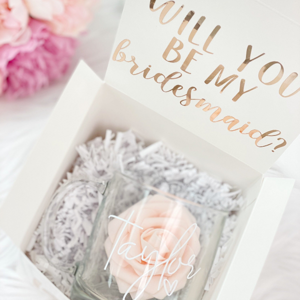 Bridesmaid proposal box idea - clear glass mug- will you be my maid of honor - personalized bridal party gifts- matron of honor box- bride