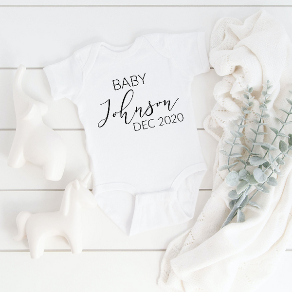 Baby announcement body suit- pregnancy reveal idea - baby name body suit- personalized baby boy girl shirt- last name baby shower gift