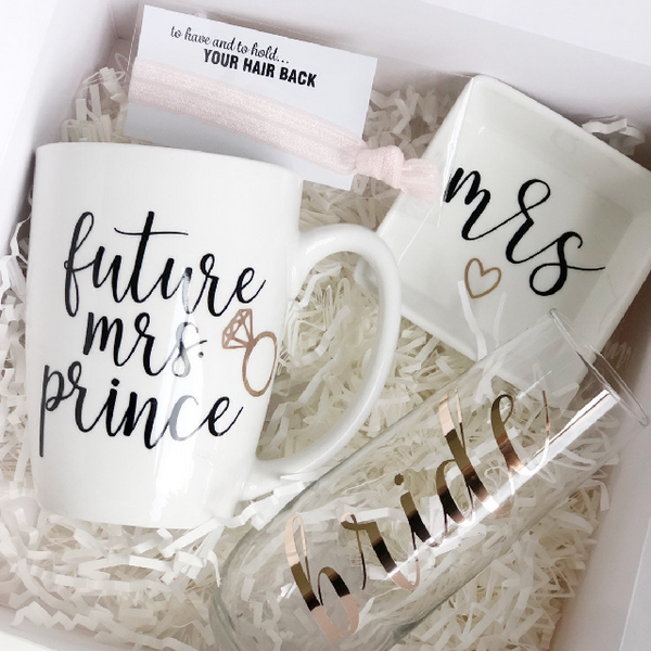 Bride gift box set - engagement gift box- future mrs gift set- bride mug champagne flute ring dish congratulations gift box set for bride to