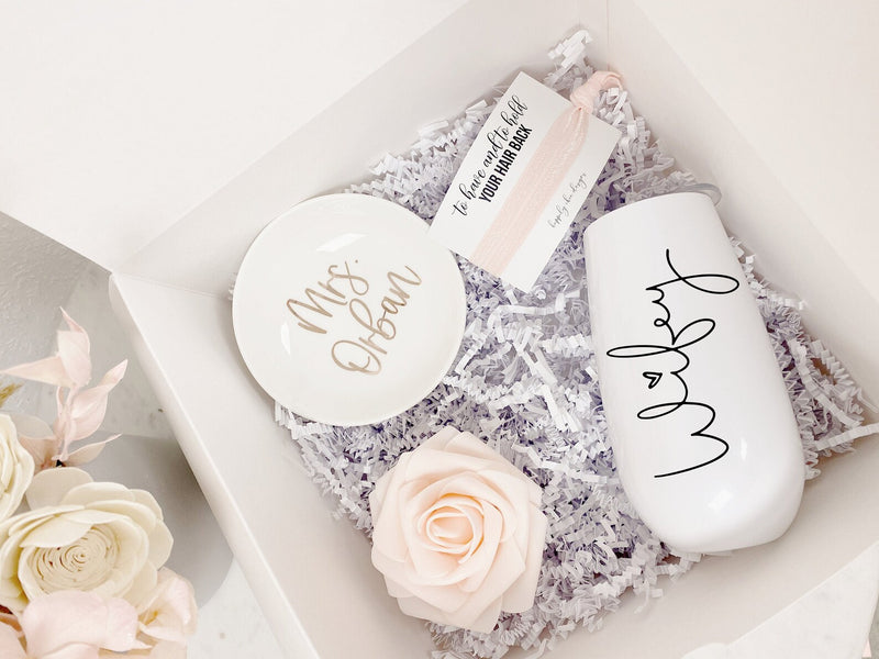 Bride gift box - wifey gift- personalized mrs ring dish - bride engagement gift box- champagne flute bride to be- future mrs ring dish-