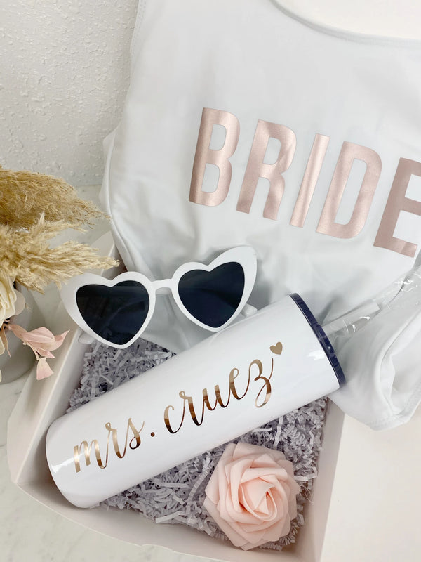 Bachelorette party bride gift box- future mrs bathing suit - one piece bride swim suit bride tumbler bride white sunglasses engagement gift