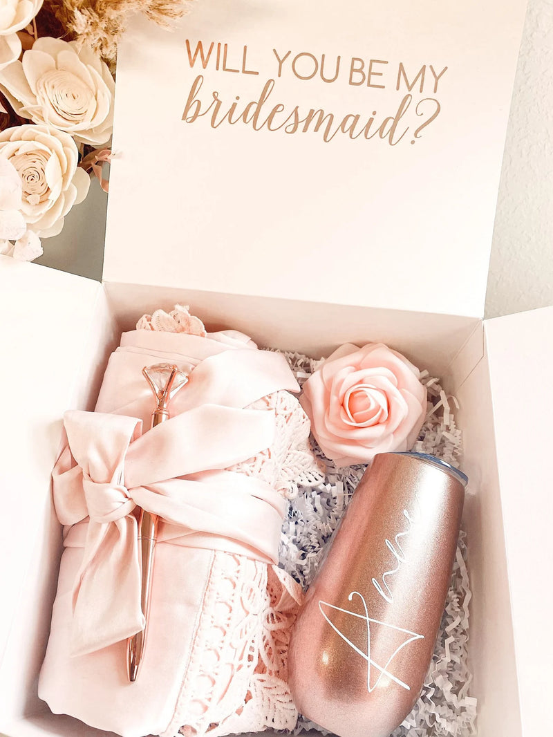 Bridesmaid proposal gift box- personalized bridesmaid Champagne flute - bridesmaid satin lace robe - bridal party robes - will you be my maid
