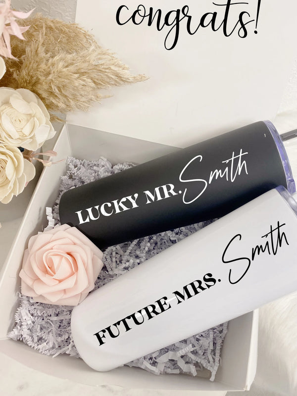 Future mrs lucky mr Couples tumbler gift set- mr and mrs engagement gift box set- his and hers wifey and hubby wedding day bride groom