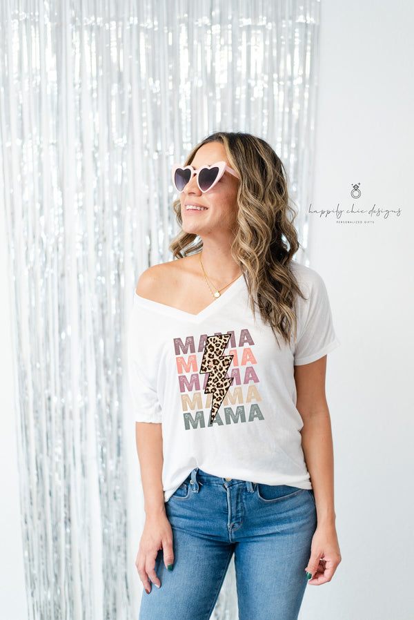 Retro cheetah leopard mama stacked lightning bolt 70s shirt- gift for mom- mama shirts- Mother’s Day t-shirt- first Mother’s Day gift box
