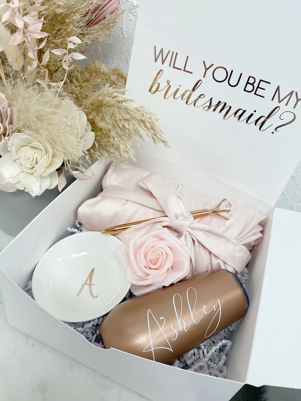 Bridesmaid proposal gift box- personalized bridesmaid Champagne flute - bridesmaid satin lace robe - bridal party robes - will you be my maid of honor