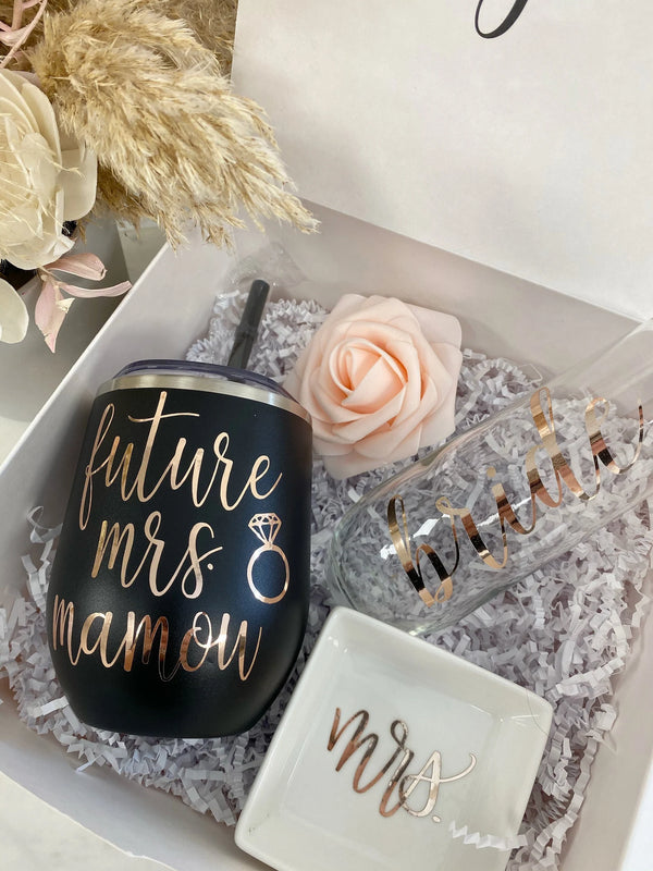 Future mrs mug wine glass- personalized bride tumbler - engagement gift box- gift box for bride to be- future mrs ring dish- engaged idea
