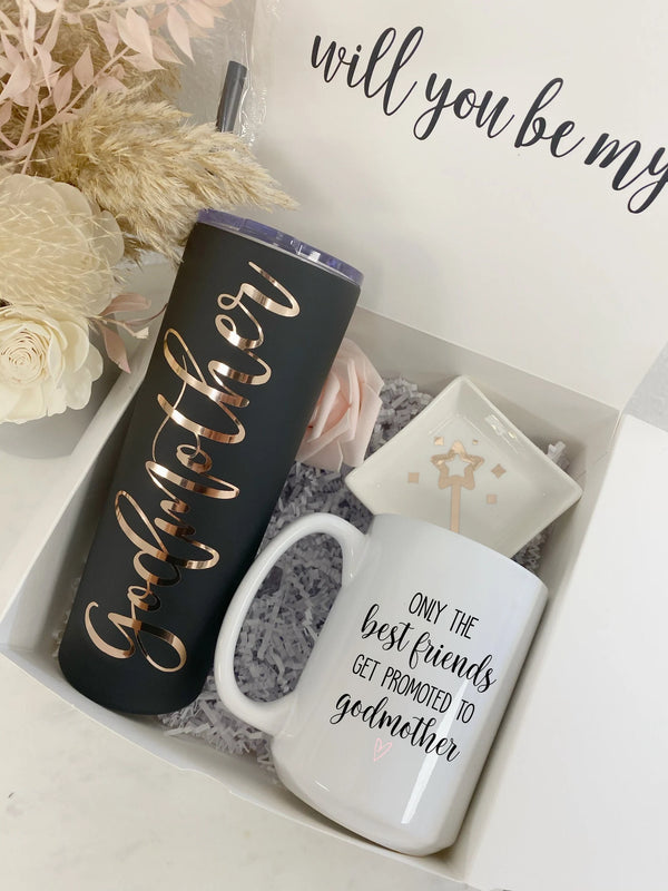 Godmother proposal gift only the best friends get promoted to tumbler surprise reveal pregnancy Announcement madrina godparents proposal box