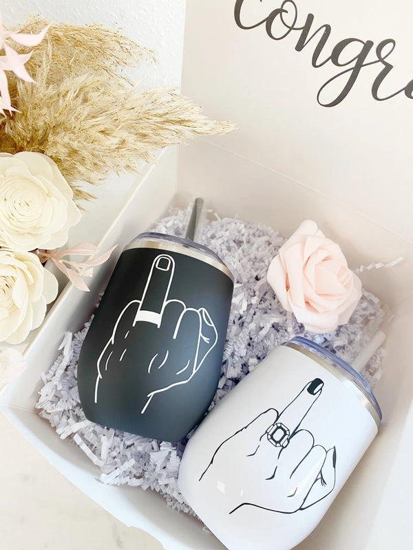 Couples ring finger gift set- wine tumbler set mr and mrs engagement gift box set- his and hers wifey and hubby wedding day gift idea-