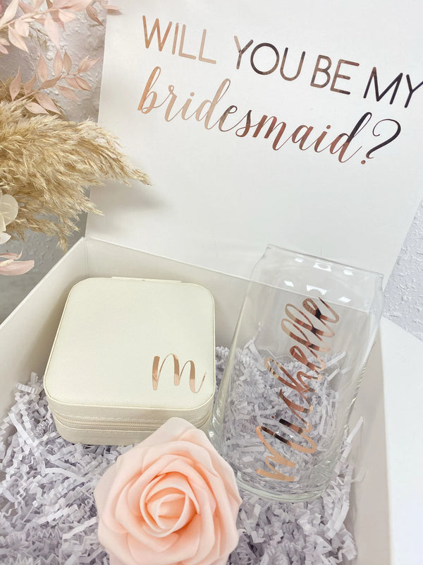 Bridesmaid proposal gift box set- bridesmaid ice coffee beer glass cup- maid of honor proposal- personalized bridesmaid jewelry box initial
