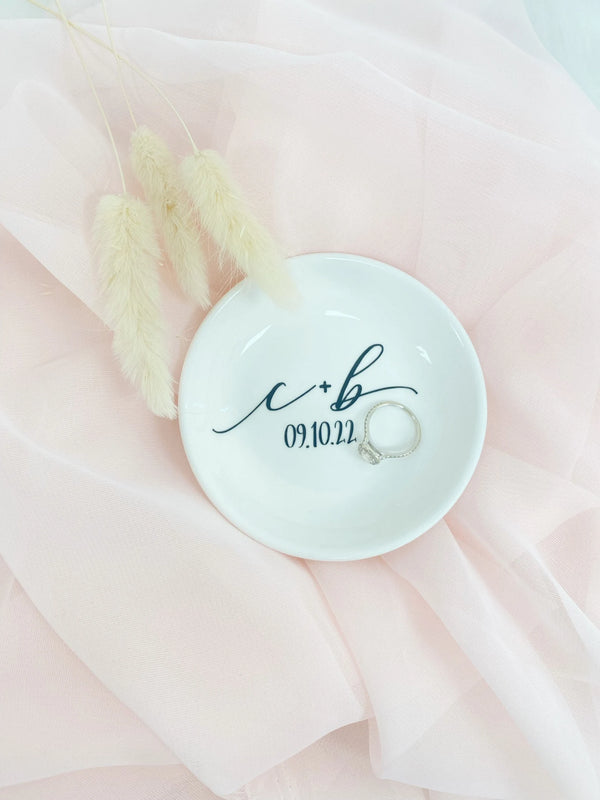 Personalized Mrs ring dish- bride trinket dish tray jewelry holder- miss to Mrs I said yes- engagement gift for bride groom initials dish