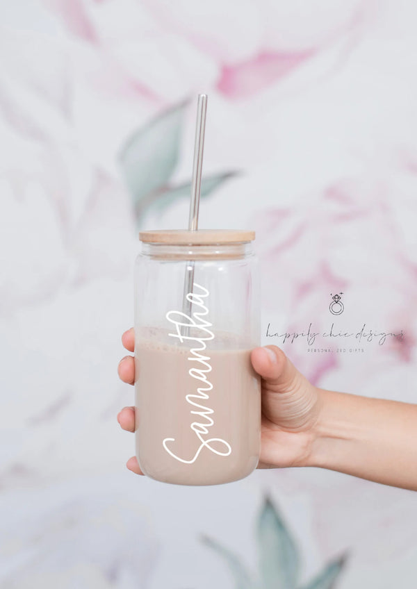 Personalized ice coffee cup - beer can glass soda cup with name- retro bridesmaid proposal glass gift bamboo lid maid of honor- bridal party