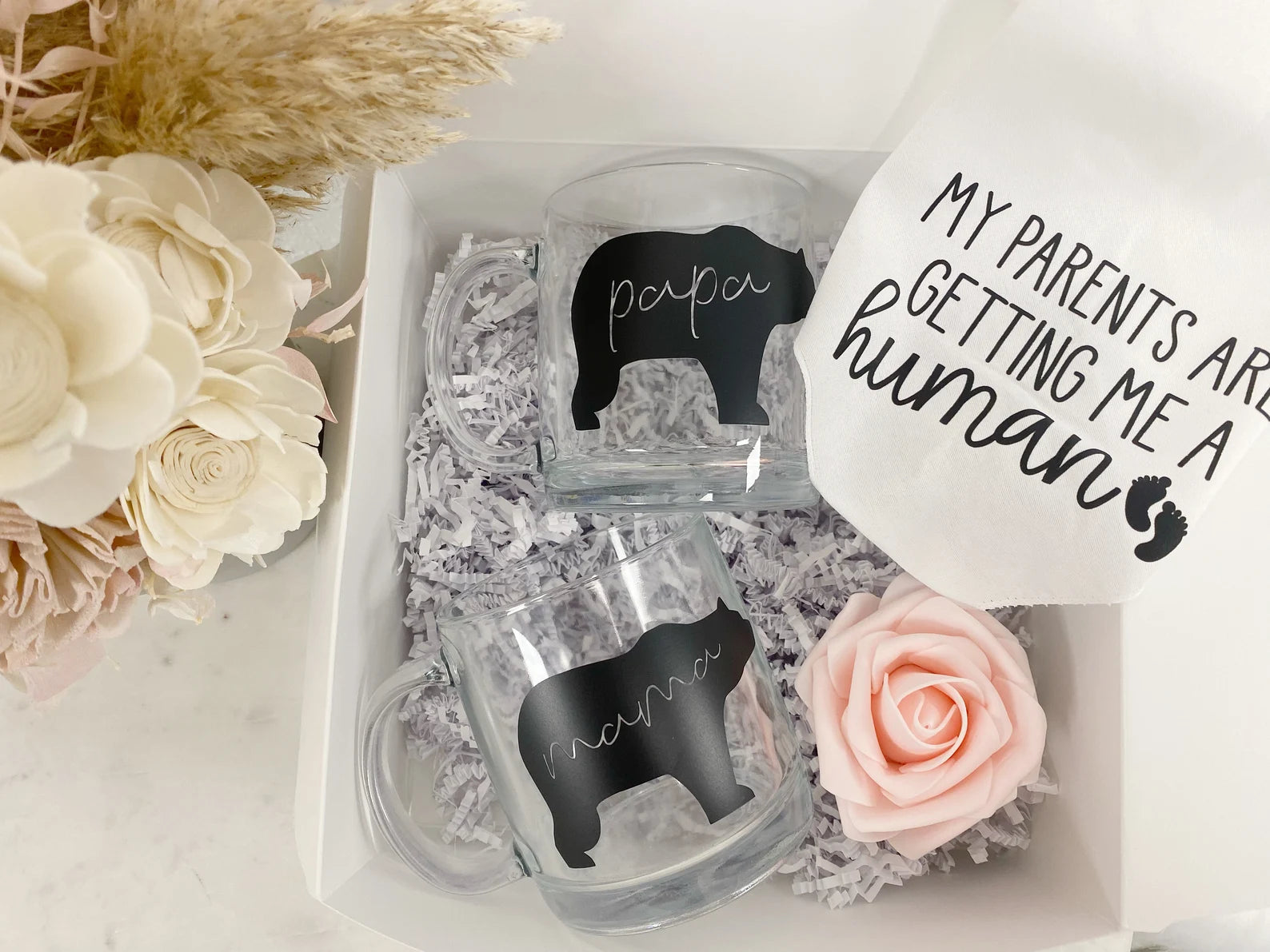 Clear glass mommy and daddy mugs- my parents dog new parents expecting parents gift box- baby shower gift idea- baby announcement pregnancy