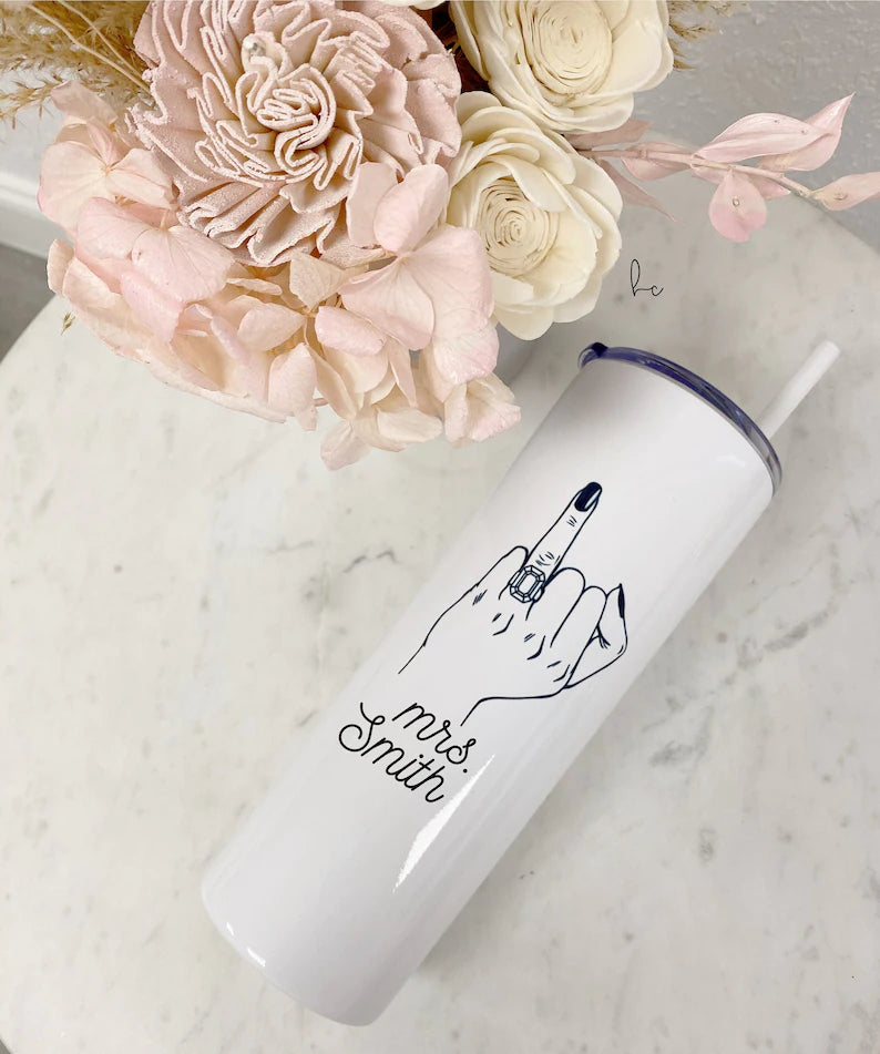 Personalized future mrs stainless steel tumbler- ring finger engagement gift- gift for bride to be- bride tumbler with straw- future mrs cup