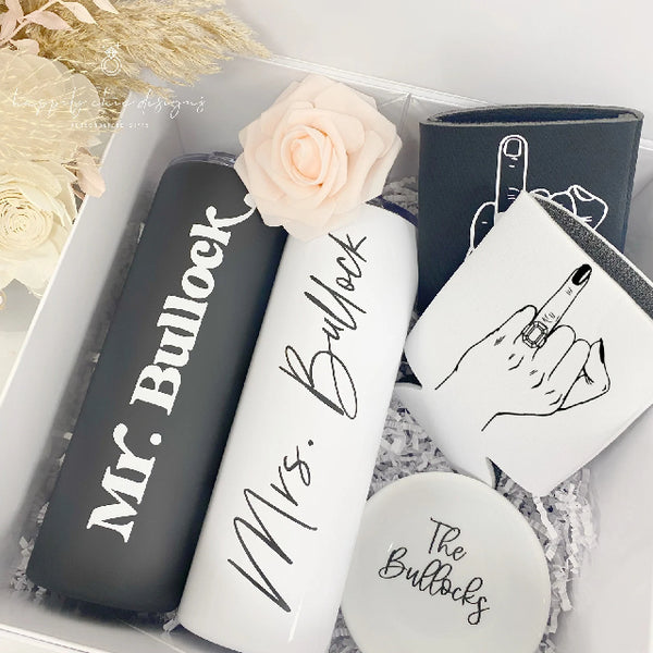 Couples tumbler set- lucky mr and future mrs engagement gift box set- his and hers wifey hubby wedding day gift idea tumblers bride groom