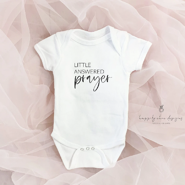 Little answered prayer Baby announcement body suit- pregnancy reveal idea - rainbow baby IVF - personalized baby boy girl last name baby