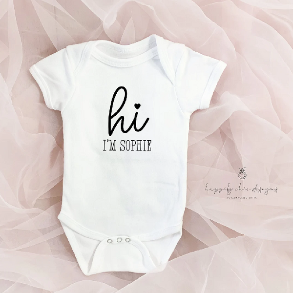 Hi im new here Baby name announcement body suit- pregnancy reveal idea -personalized baby boy girl shirt- baby shower gender reveal