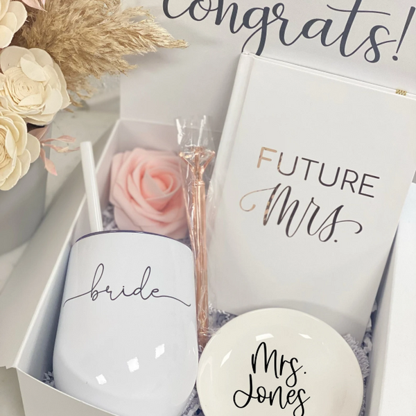 Future mrs gift box- future bride to be gifts- personalized bride wine tumbler glass for bridal shower gift box ring dish wedding notebook