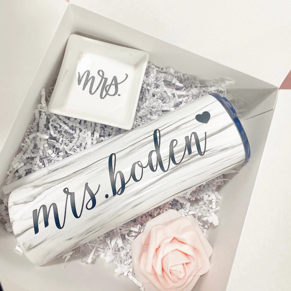 Personalized marble mrs tumbler bride to be gift set- future mrs engagement gift idea for new bride bridal gift box set- bride mrs ring dish