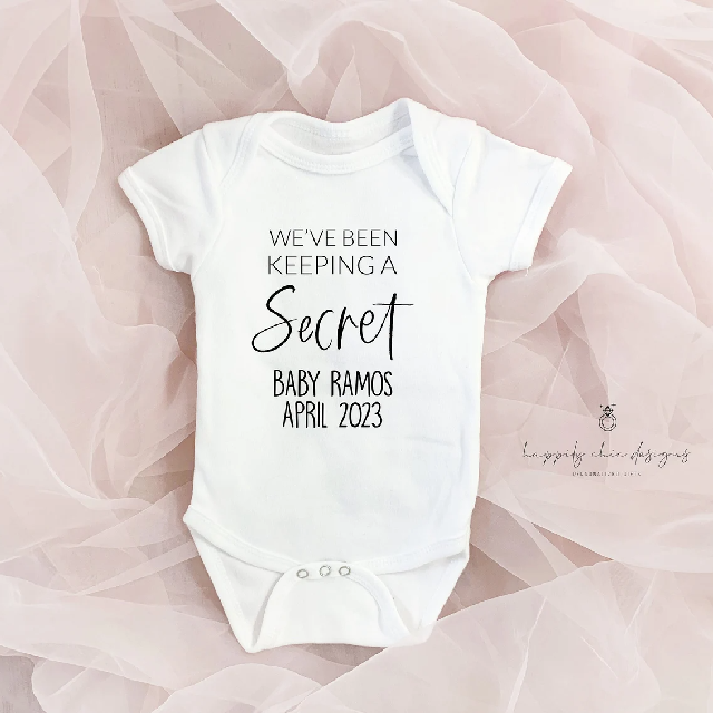 Keeping a secret funny unique Baby announcement body suit- pregnancy reveal idea - baby name body suit- personalized baby boy girl family